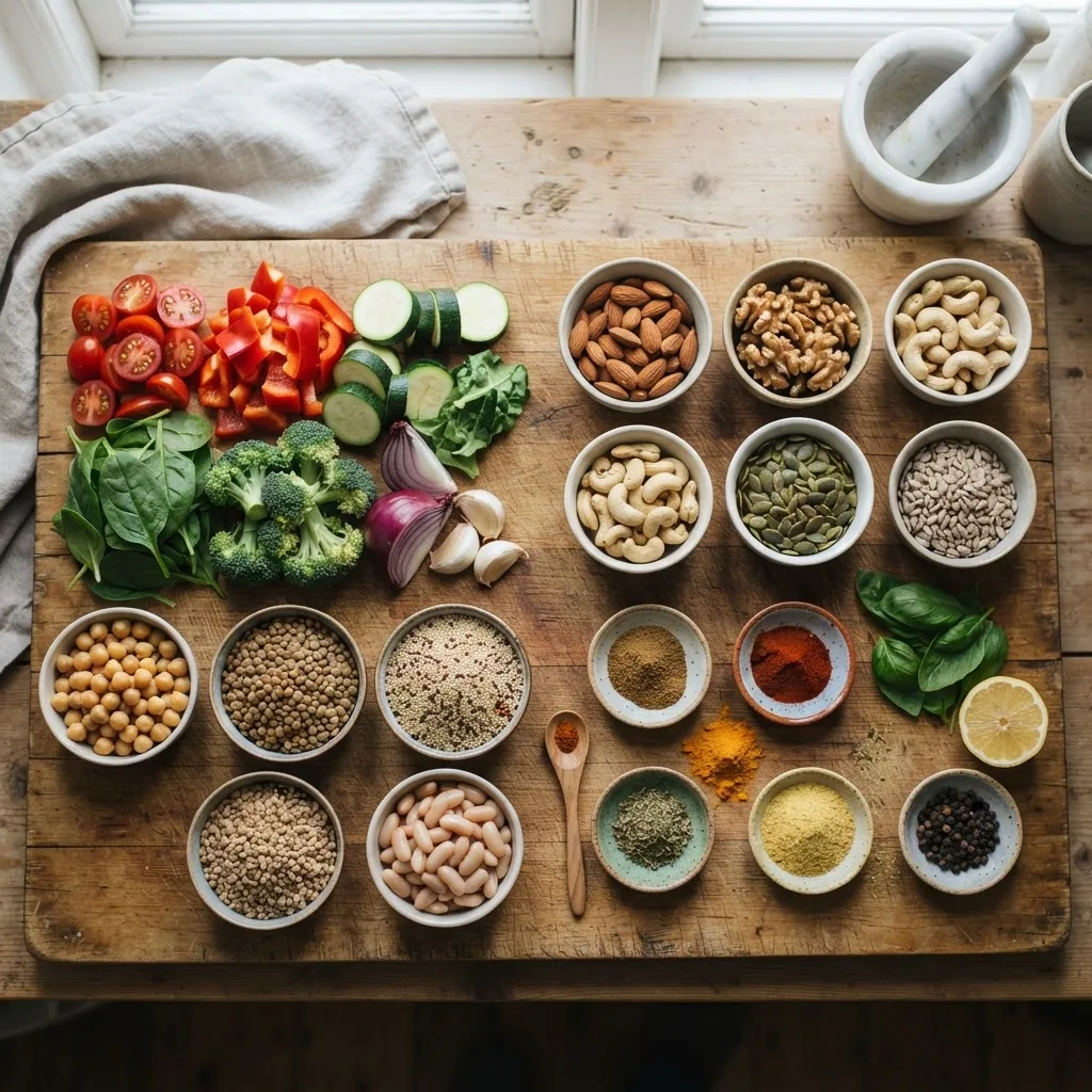 A close-up overhead shot of common vegetarian ingredients laid out for substitution—fresh vegetables, legumes, nuts, and spices displayed