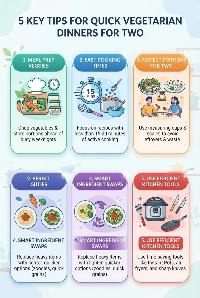 has five clearly separated sections, each illustrating one key tip for quick vegetarian dinners for two, with simple icons for meal prep,