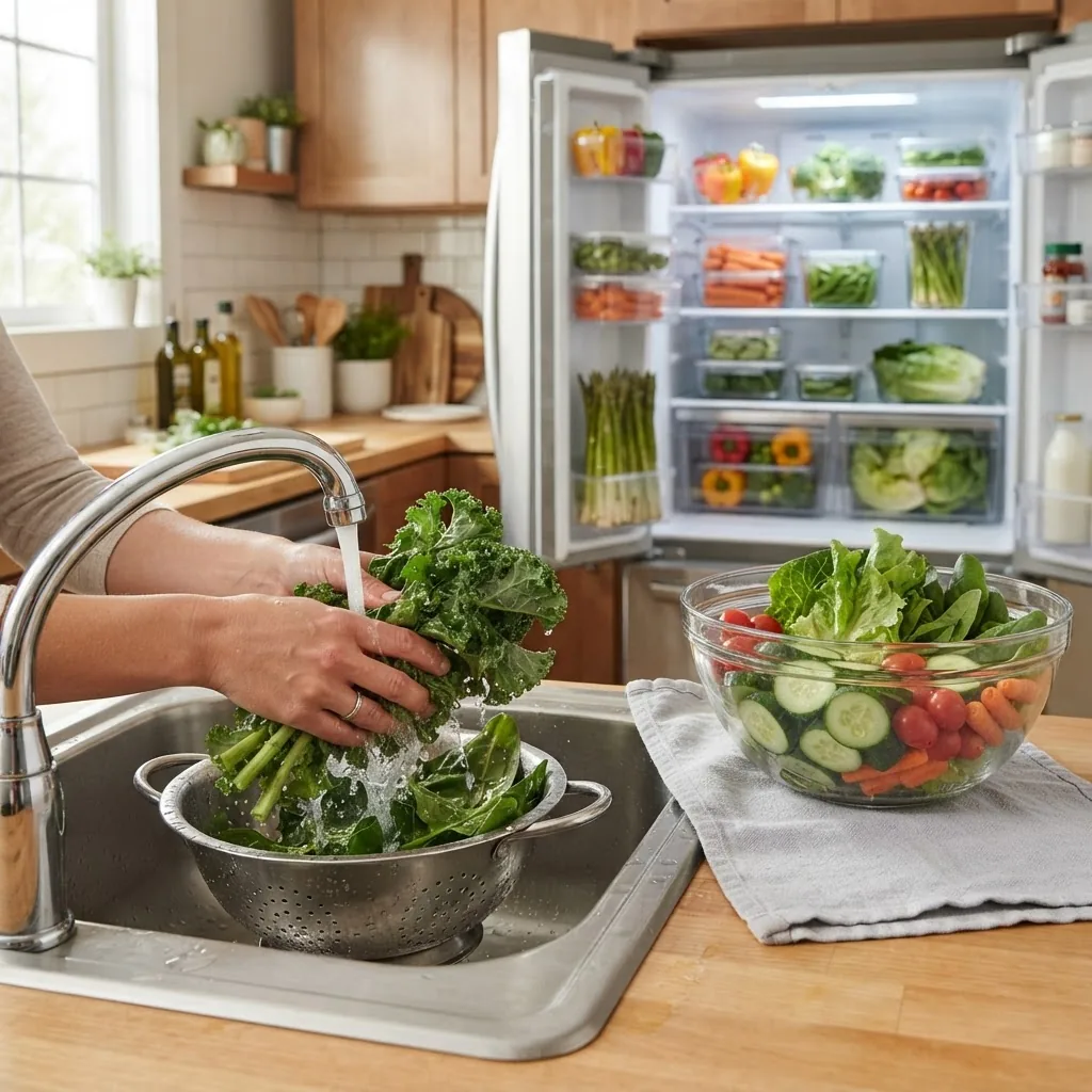 photorealistic kitchen scene showing hands washing leafy greens under running tap water with a colander, a clear glass bowl of fresh washed