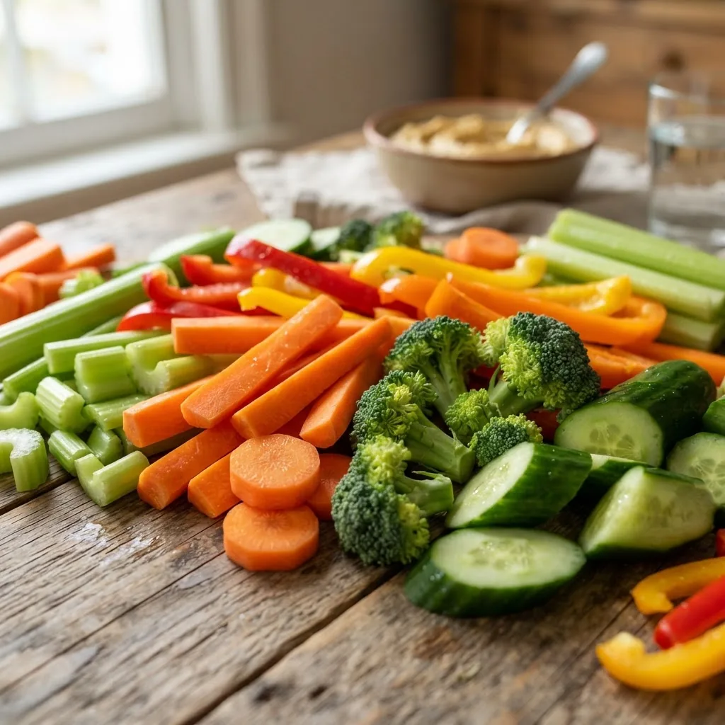 a colorful array of raw vegetables including carrots, celery, bell peppers, broccoli florets, and cucumbers arranged on a rustic wooden