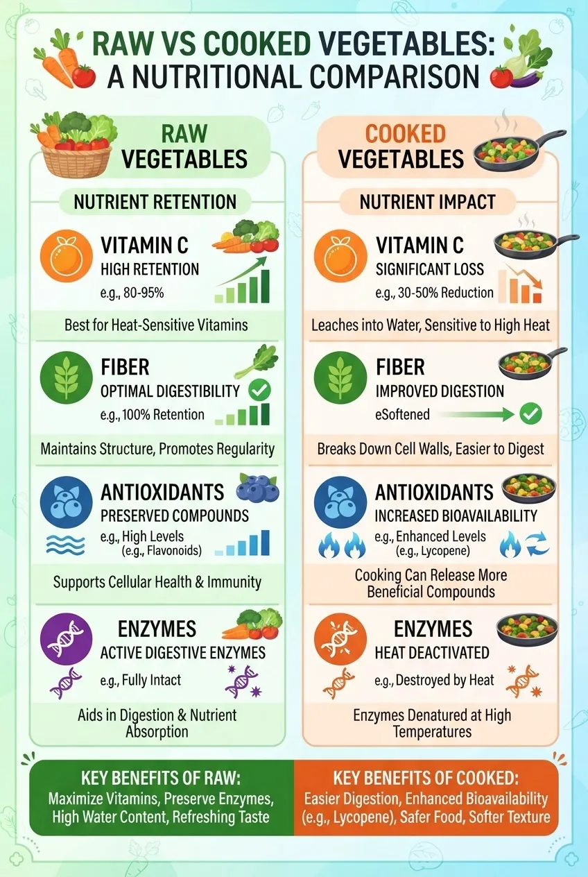 shows two vertical columns comparing raw and cooked vegetables, headers for nutrient categories (vitamin C, fiber, antioxidants, enzymes),