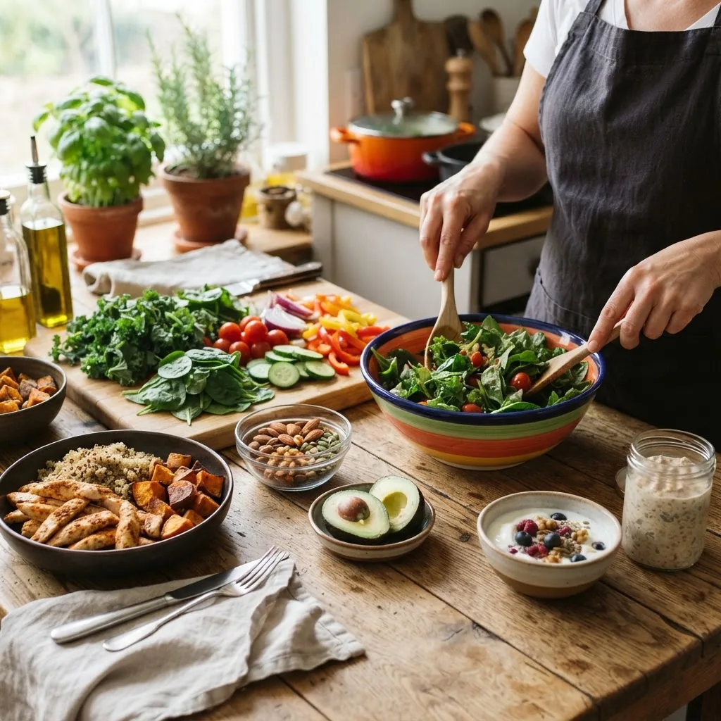 Photo of a colorful, healthy meal preparation scene featuring lean proteins, leafy greens, nuts, whole grains on a rustic wooden table with