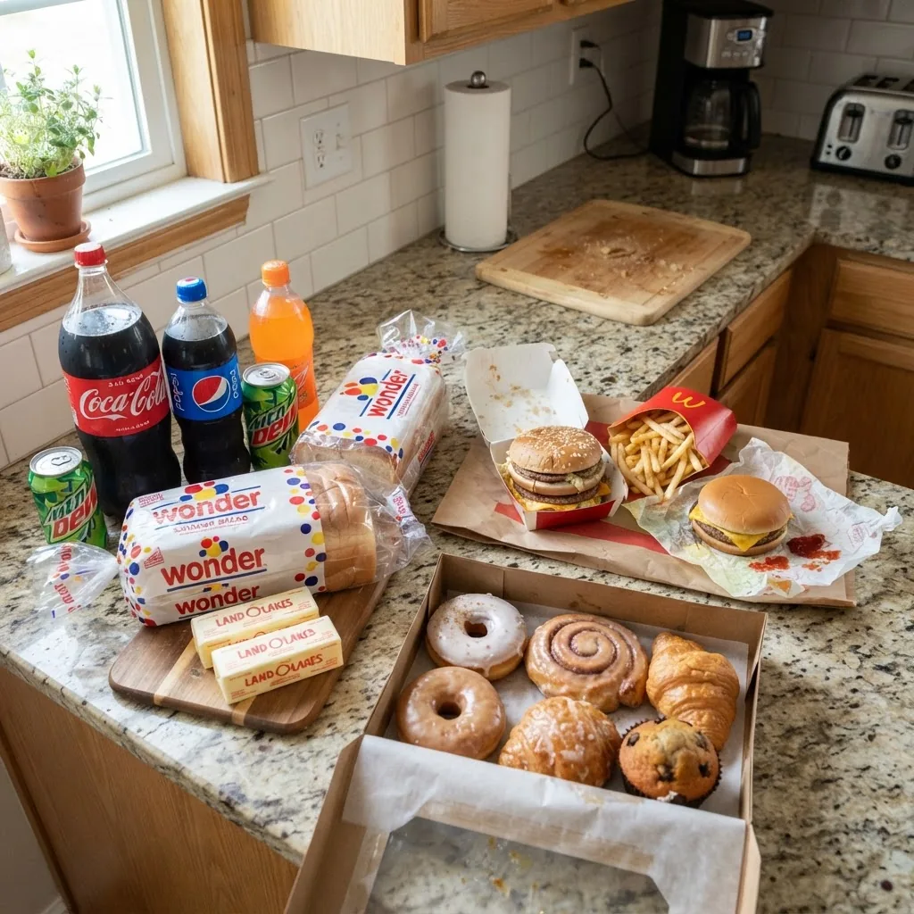 a typical American kitchen counter with examples of foods to avoid spread out: sugary sodas, white bread, butter sticks, fast food items,