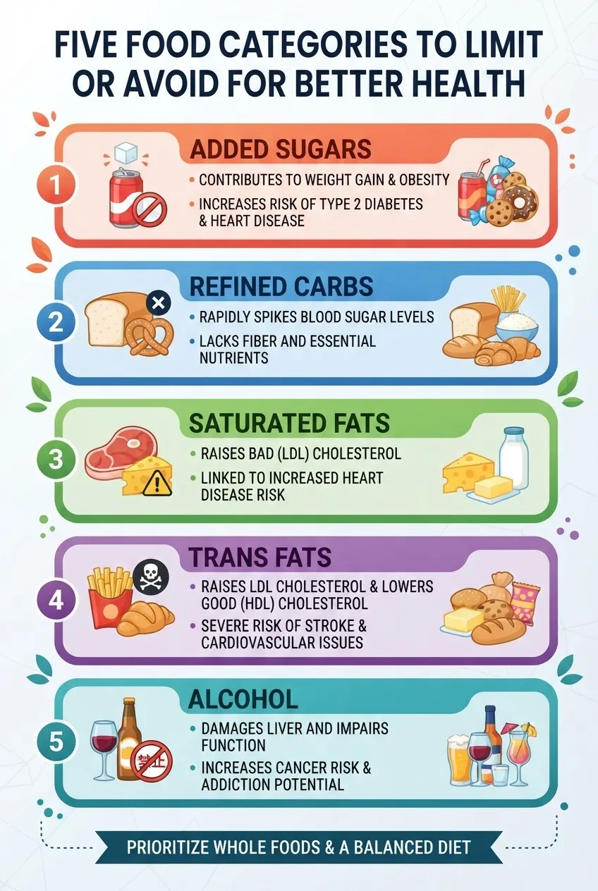is structured in five horizontal blocks, each block representing a food category to avoid (added sugars, refined carbs, saturated fats,