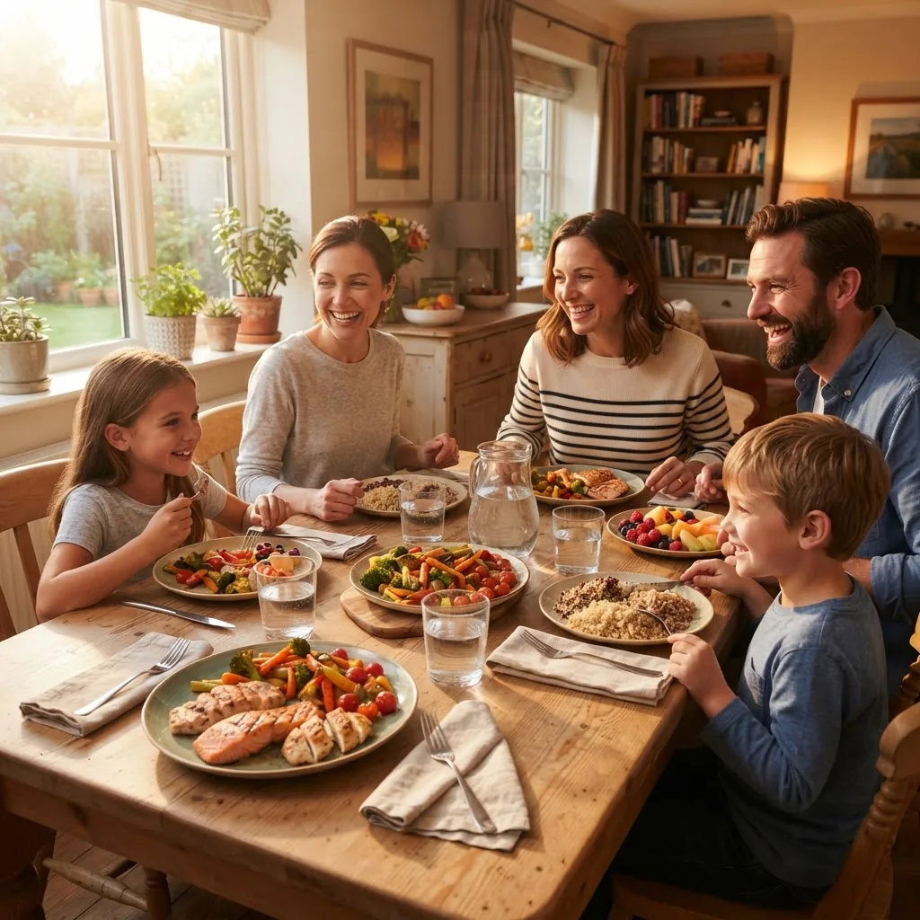 A family sitting at a dining table with plates showing balanced regular meals consisting of colorful vegetables, grains, proteins, and