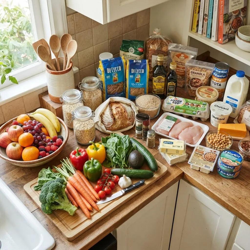 A vibrant kitchen counter featuring a variety of common fresh and packaged regular foods including fruits, vegetables, whole grains, dairy,