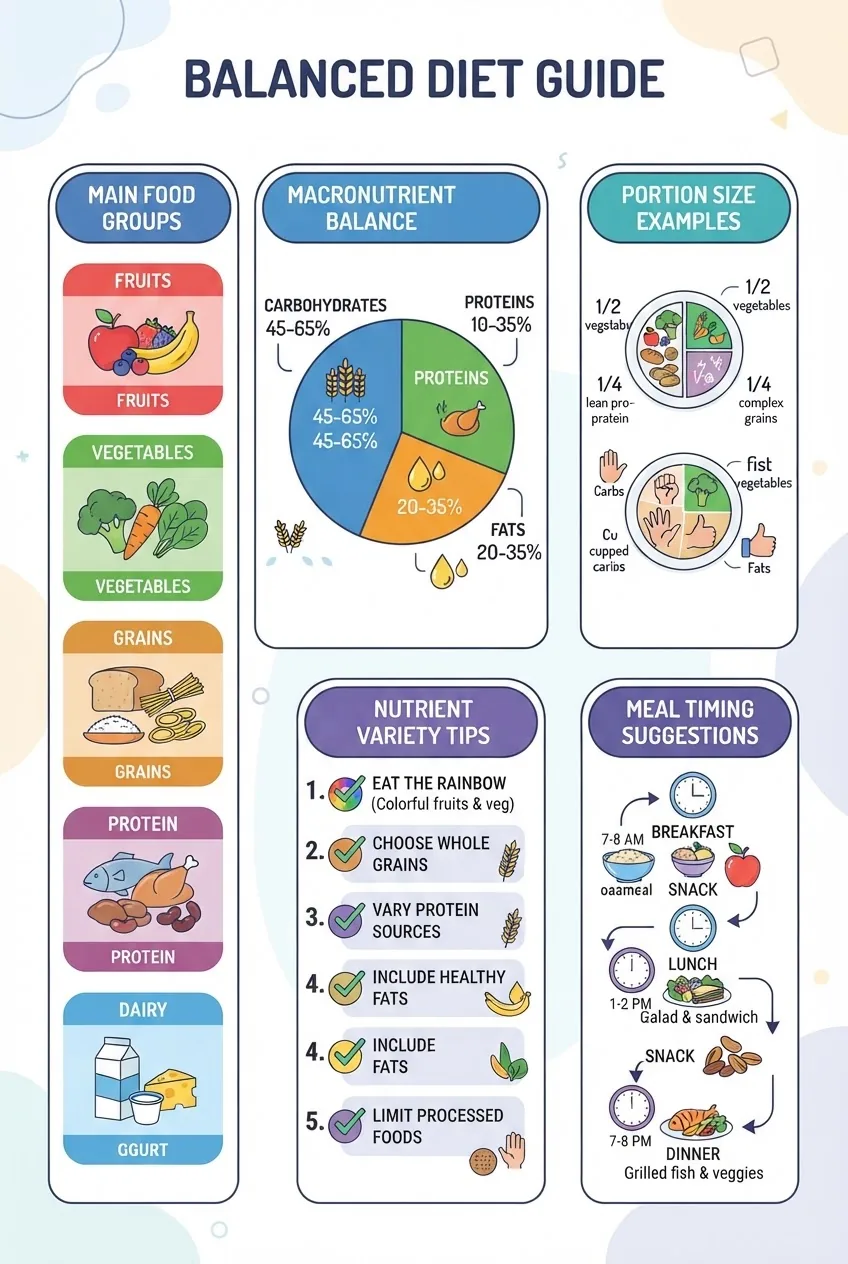 A clean infographic with five columns illustrating: 1) Main Food Groups (icons for fruits, vegetables, grains, protein, dairy), 2)