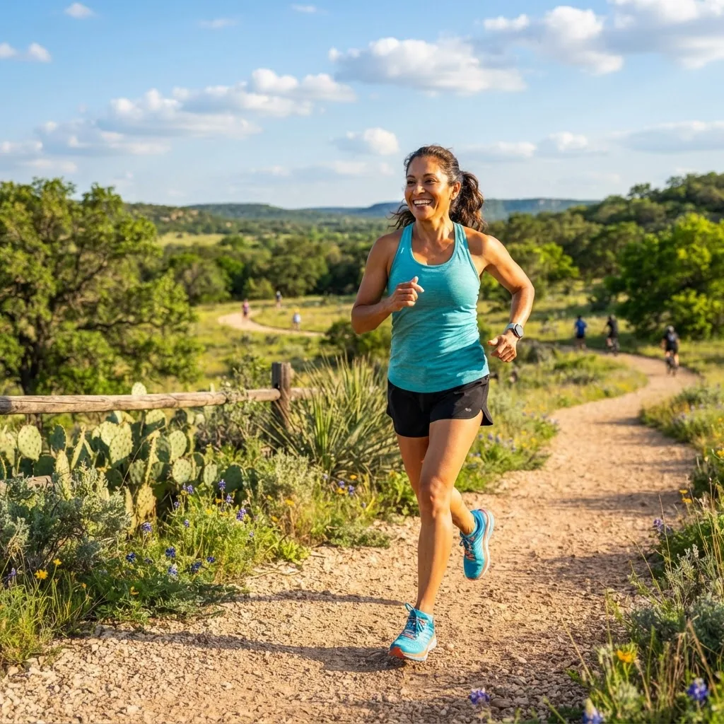 Lifestyle image of a healthy middle-aged person jogging outdoors on a sunny day in Texas, symbolizing cardiovascular and cognitive benefits