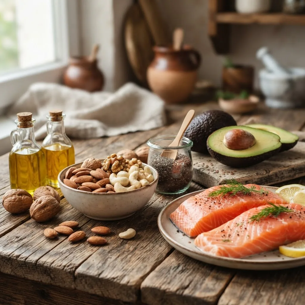 Close-up image of various healthy foods rich in fatty acids on a rustic wooden kitchen table, including nuts, seeds, avocados, and fatty