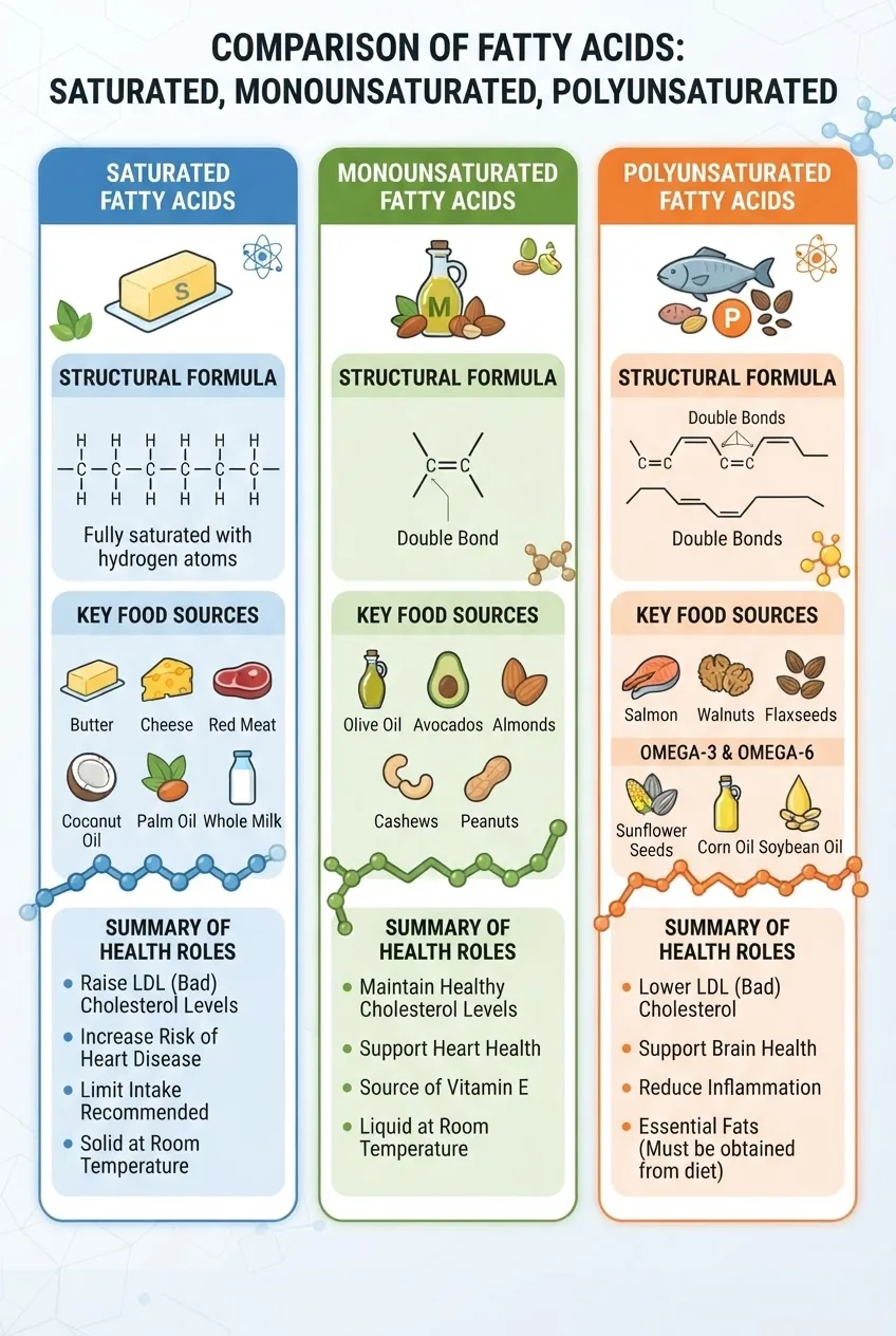 Infographic showing a three-column comparison of saturated, monounsaturated, and polyunsaturated fatty acids, each with an icon, structural