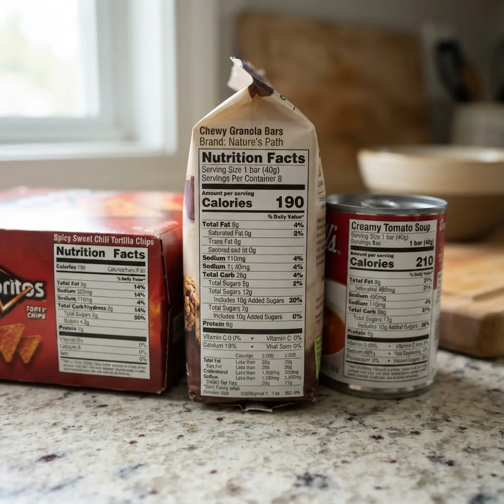nutrition labels on packaged processed foods grouped together on a kitchen countertop, with natural daylight highlighting the text,
