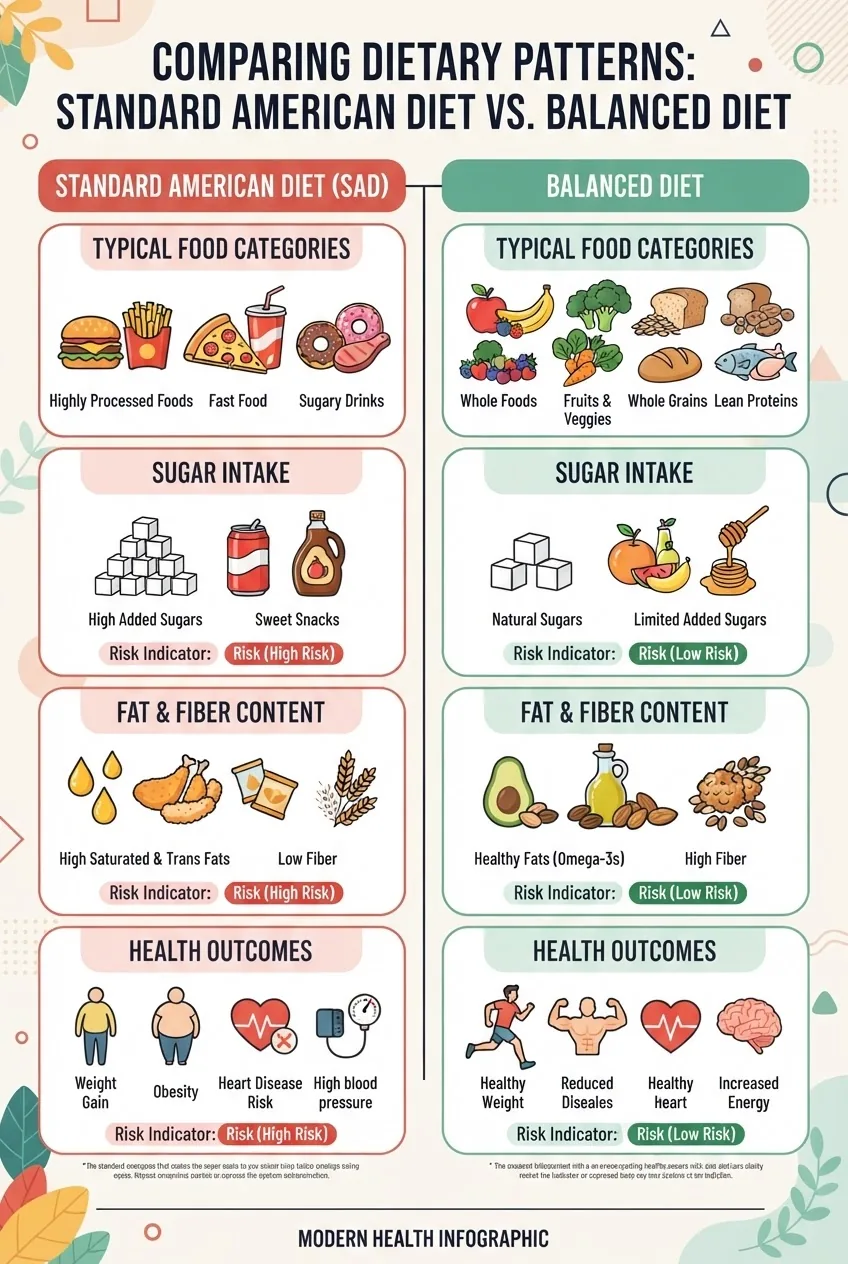 with two columns comparing the Standard American Diet and Balanced Diet: each column features four rows highlighting typical food