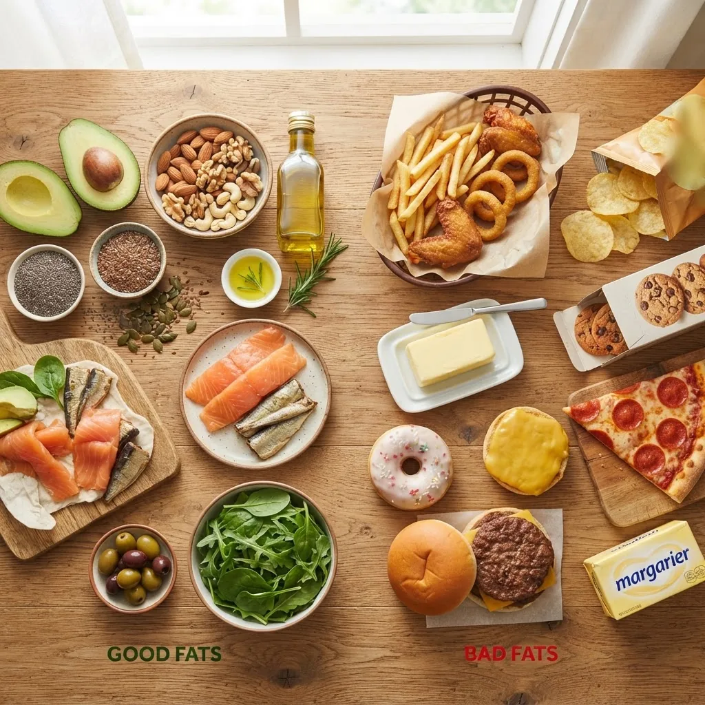Colorful flat lay photo of various food sources rich in good fats (avocado, nuts, olive oil) and bad fats (processed foods, butter, fried