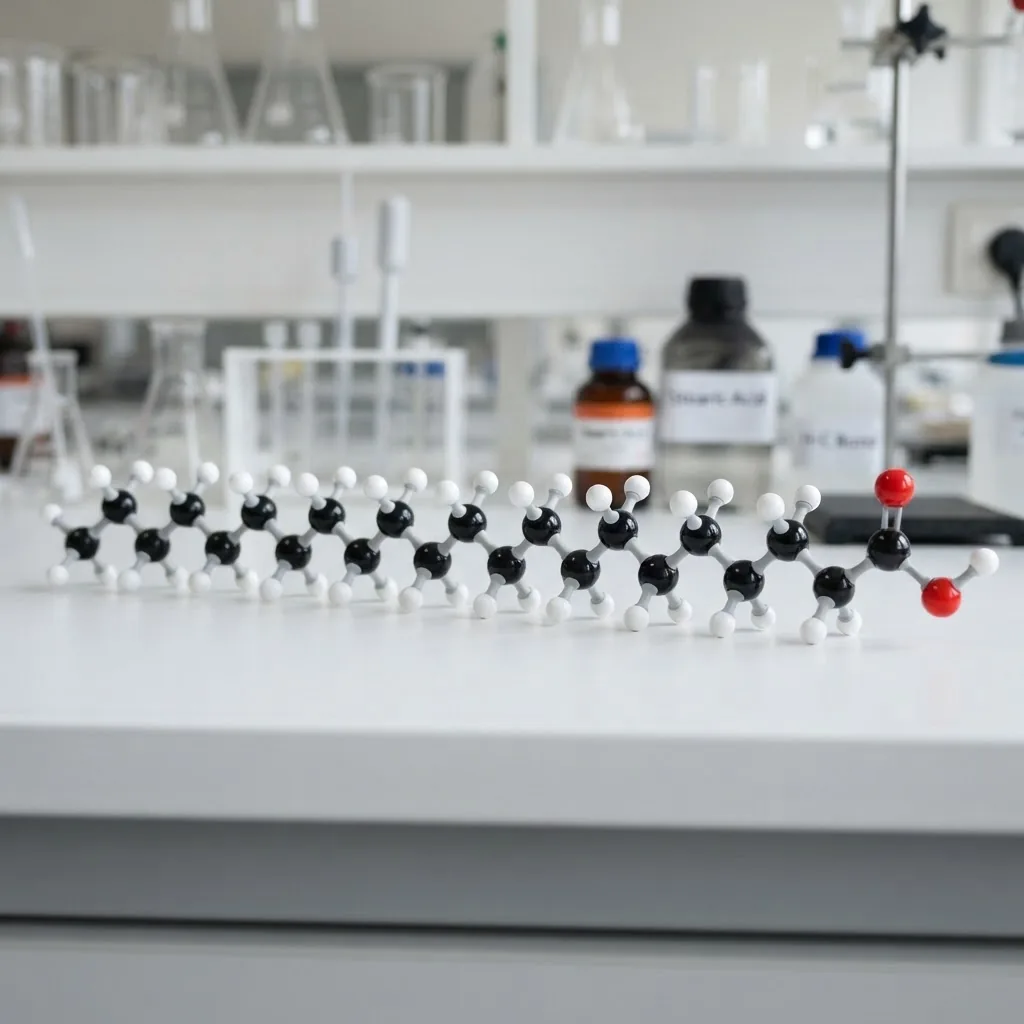 Close-up, high-resolution image of molecular model of saturated fatty acid chains showing fully hydrogenated carbon chains in a lab setting