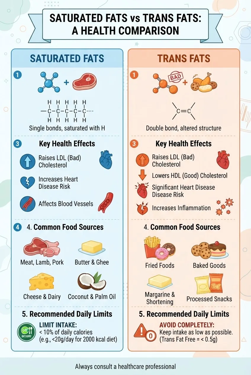 A visually clear infographic with two side-by-side columns comparing saturated fats and trans fats: each column includes icon, chemical