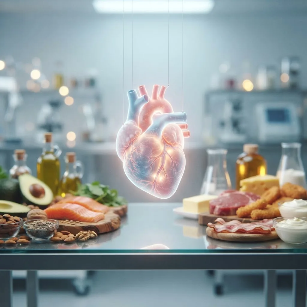 A conceptual image of a human heart illustration in soft focus with a background of various foods representing saturated fats and healthier