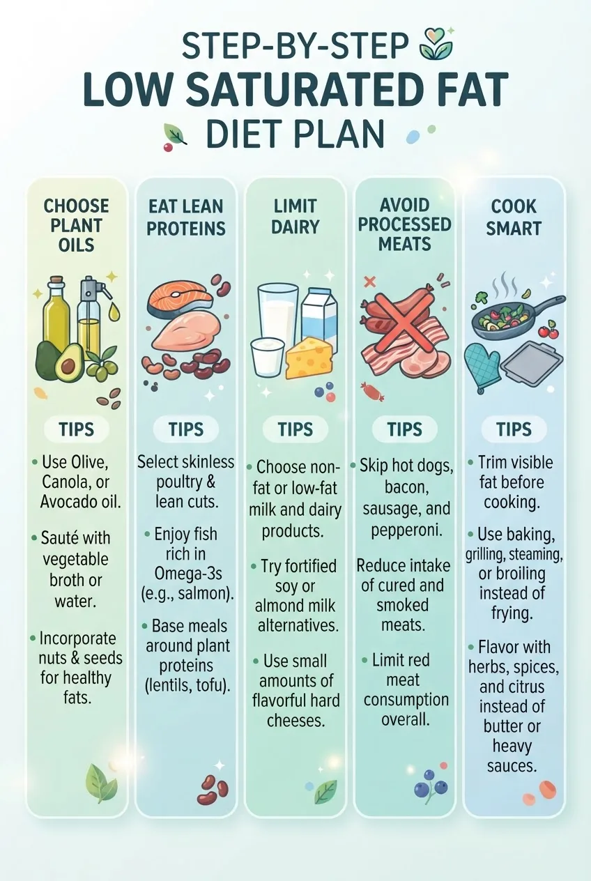 A visually clear infographic showing a step-by-step low saturated fat diet plan: five columns horizontally labeled “Choose Plant Oils,”