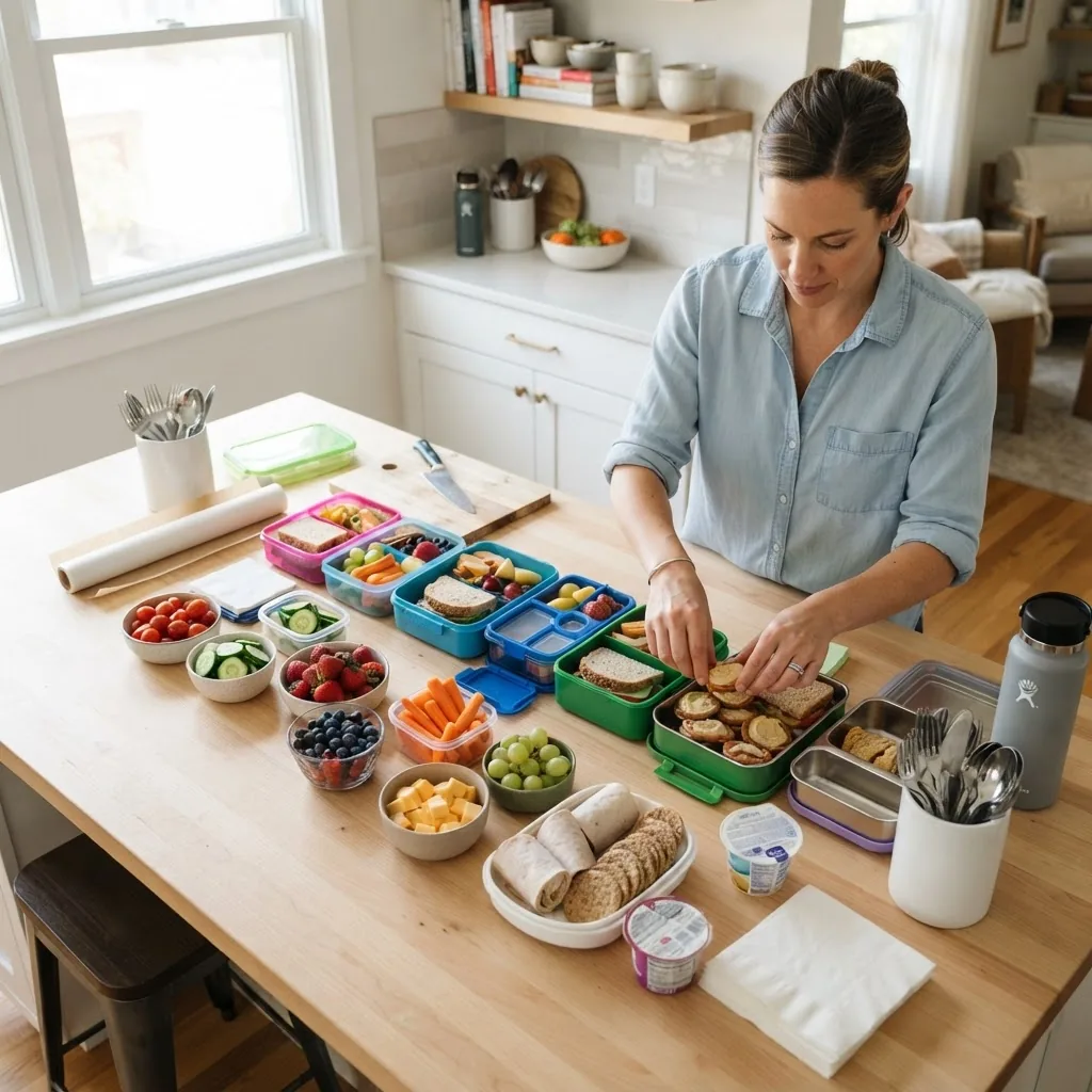 an overhead shot of a parent preparing multiple school lunchboxes on a kitchen island, showing reusable containers, fresh ingredients, and