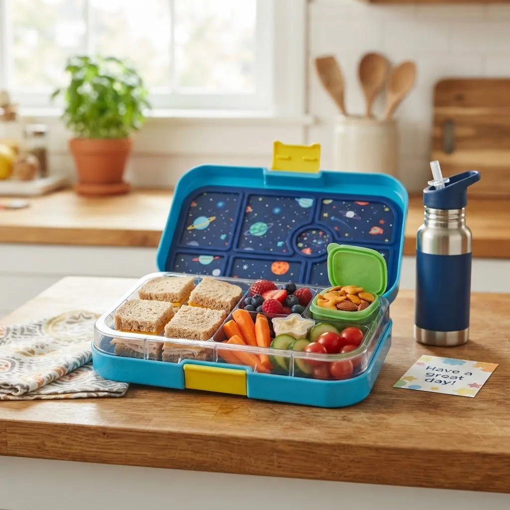 a colorful packed lunchbox on a kitchen counter, filled with a variety of healthy kid-friendly foods including sandwiches, fresh fruits,