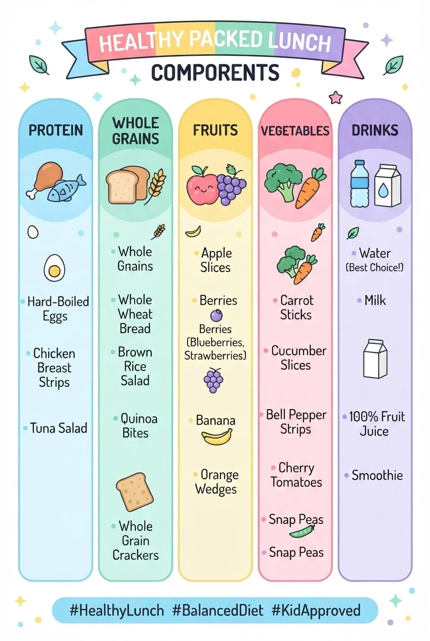 is divided into five vertical sections illustrating components of a healthy packed lunch: Protein, Whole Grains, Fruits, Vegetables, and