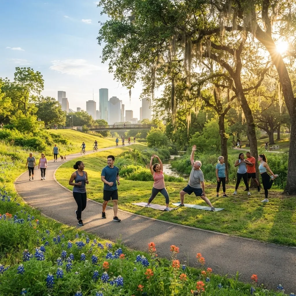 vibrant outdoor scene showing a diverse group of people exercising in a Texas park during morning sunlight; some walking, others doing