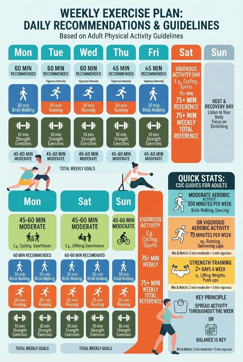 shows a weekly calendar layout with daily recommended exercise minutes; color-code by intensity level (moderate, vigorous); include icons