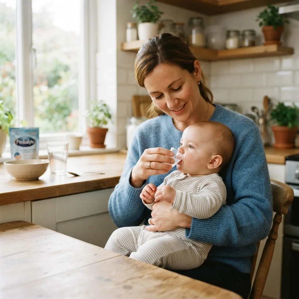 Warm, comforting photo of a parent feeding an infant with a small cup of oral rehydration solution in a bright kitchen, natural daylight,