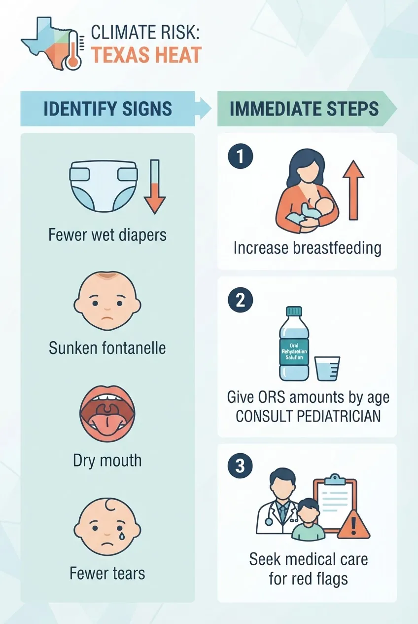 shows a two-column flow: left column "Identify signs" with icons for fewer wet diapers, sunken fontanelle, dry mouth, fewer tears; right