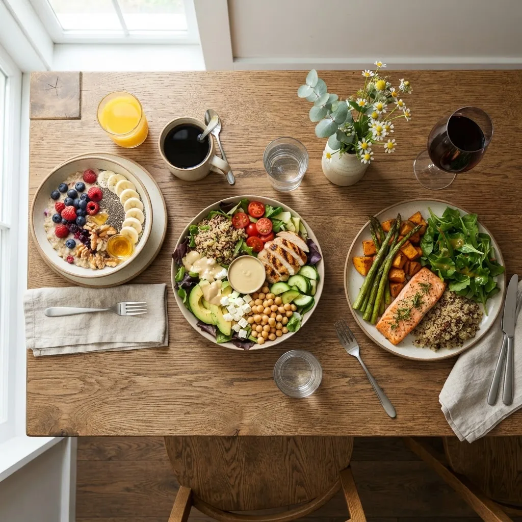 three balanced meals arranged on a table representing breakfast, lunch, and dinner, featuring vibrant fruits, lean proteins, whole grains,