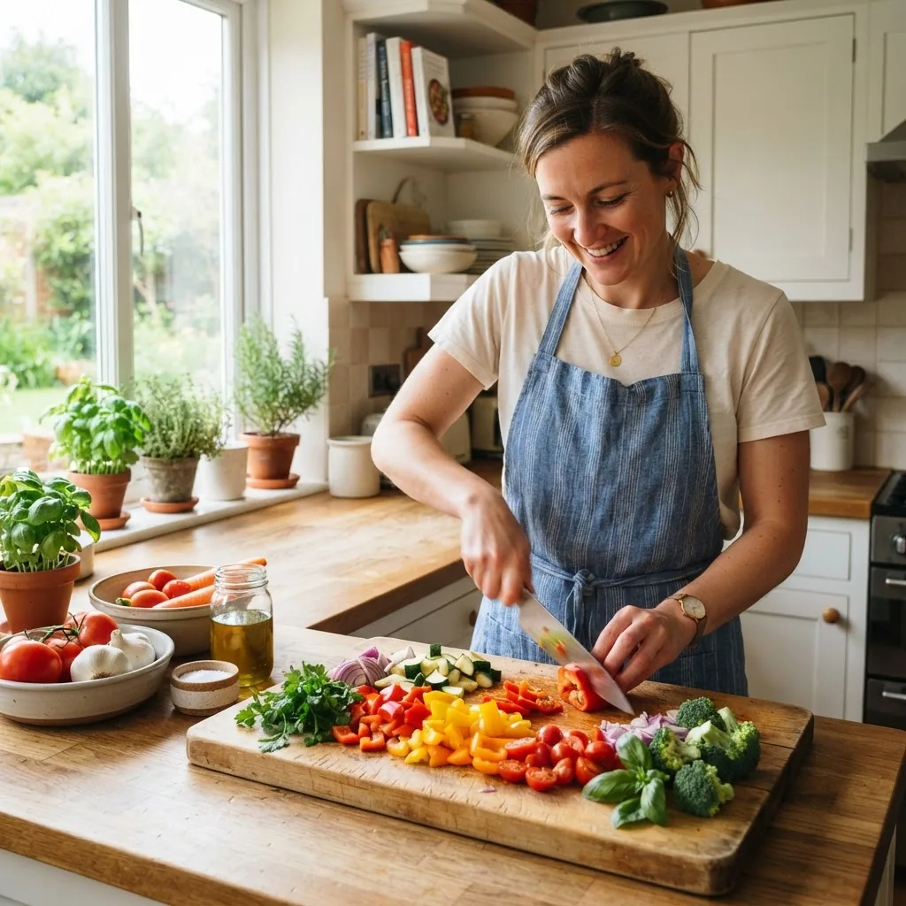 bright, inviting kitchen scene with a person quickly chopping colorful vegetables on a wooden cutting board, natural daylight streaming in,