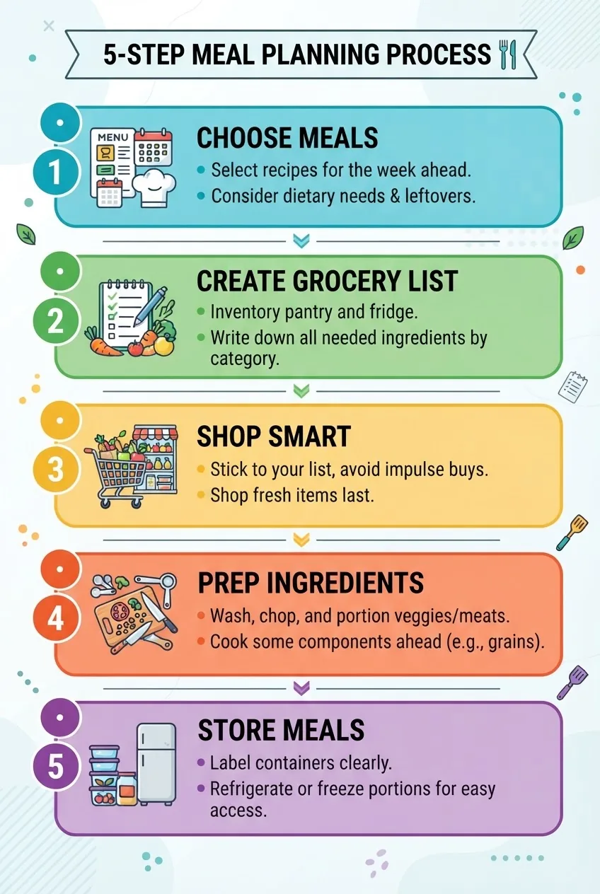 outlining a 5-step meal planning process: 1) Choose meals, 2) Create grocery list, 3) Shop smart, 4) Prep ingredients, 5) Store meals; each