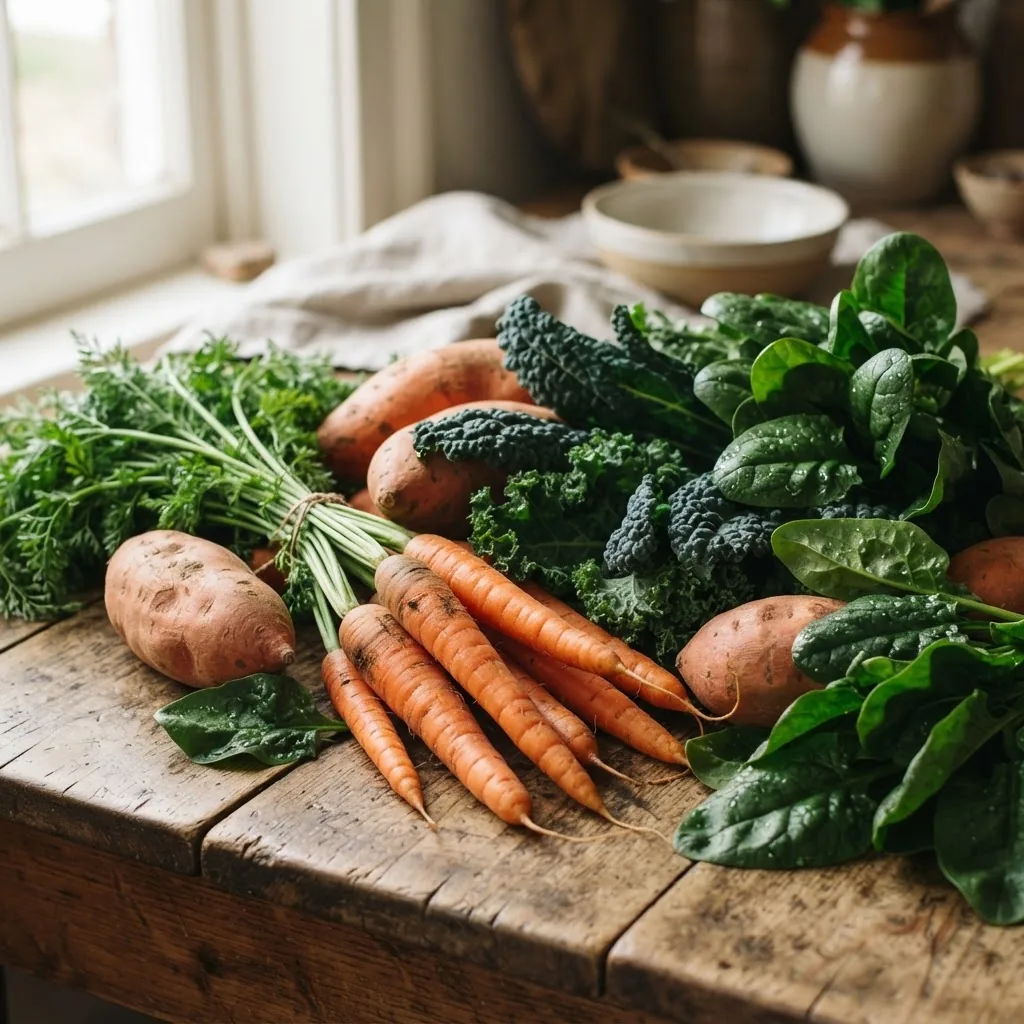 a close-up photo of vibrant fresh orange and dark green vegetables (carrots, sweet potatoes, kale, spinach) arranged naturally on a rustic