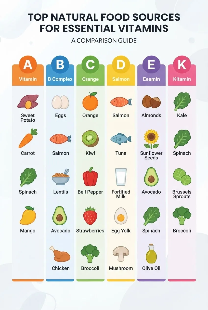 Clean, colorful infographic with seven columns—one for each vitamin A, B, C, D, E, K—with rows listing 4–5 top natural food sources each