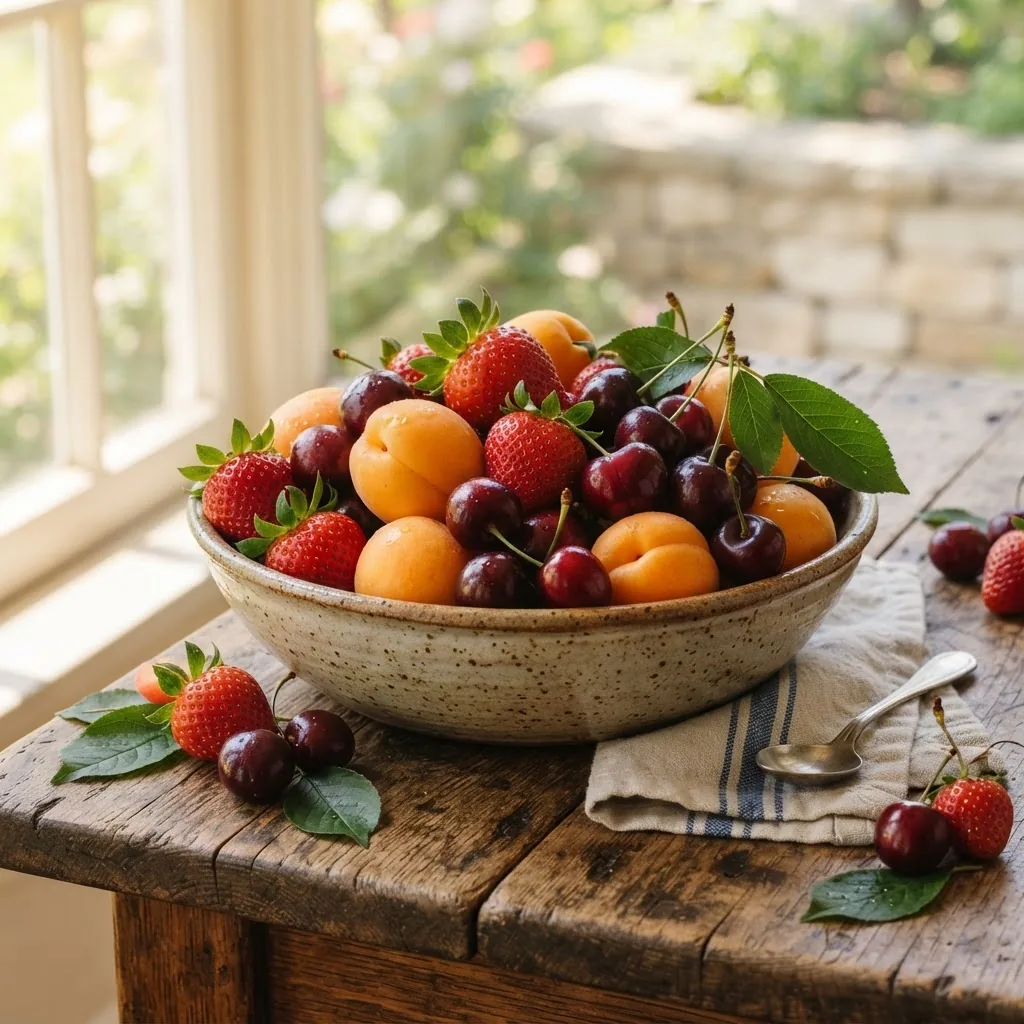 a bowl of freshly picked Texas spring fruits including strawberries, apricots, and cherries on a rustic wooden table with soft natural