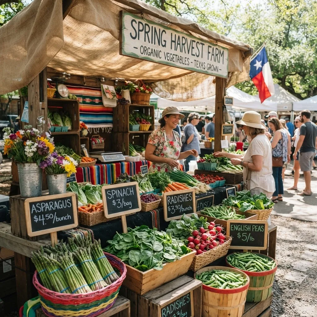 a Texas farmers’ market stall displaying fresh spring vegetables like asparagus, spinach, radishes, and peas under natural daylight with