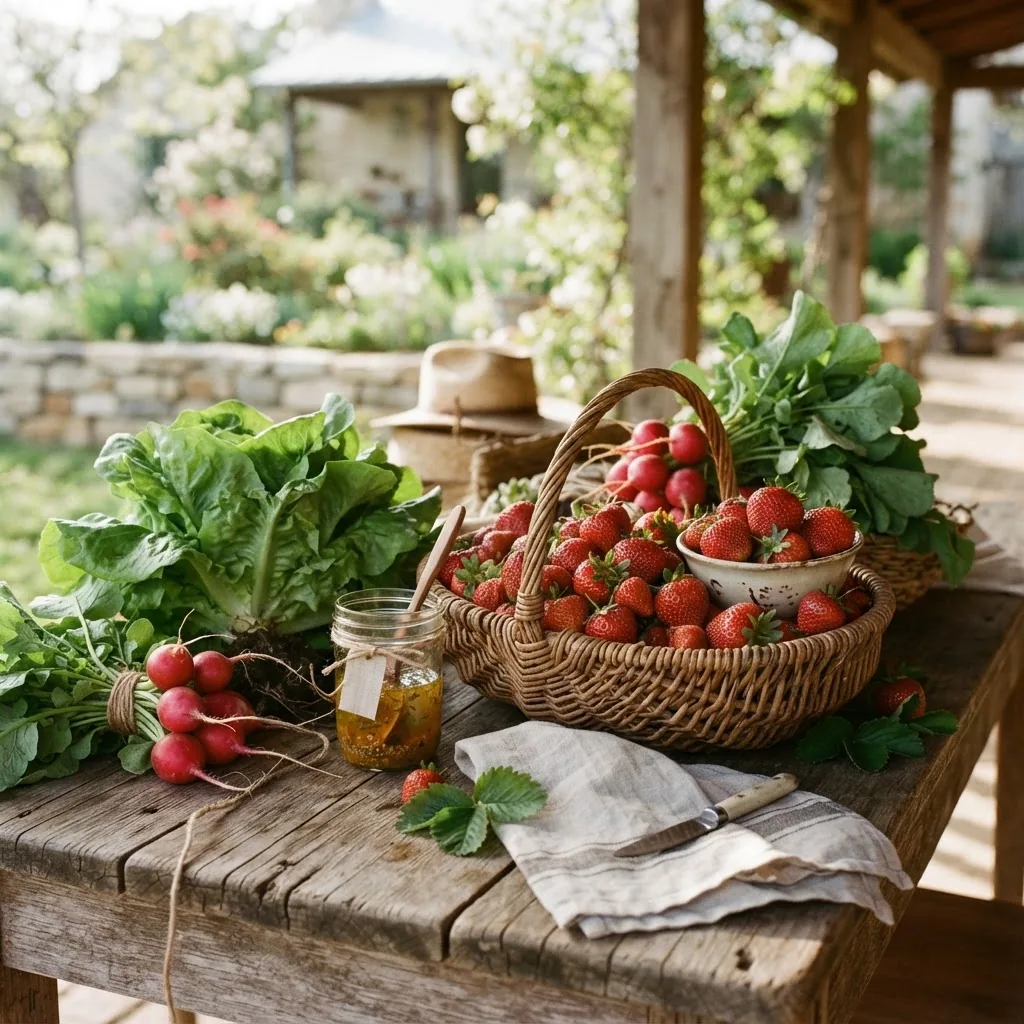 a Texas spring harvest on a wooden table: baskets of strawberries, bunches of radishes with greens, a head of lettuce, and a small jar of