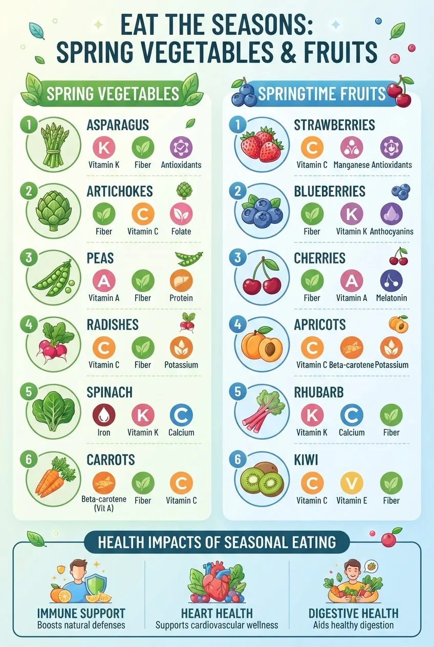 is structured with two columns—one for spring vegetables, one for springtime fruits—each listing 6 key items accompanied by icons and their