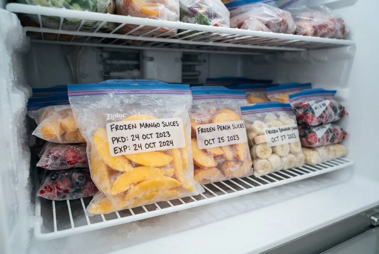 labeled freezer bags with flash-frozen fruit slices (peach, banana, mango) arranged neatly on a freezer shelf, with one bag showing a