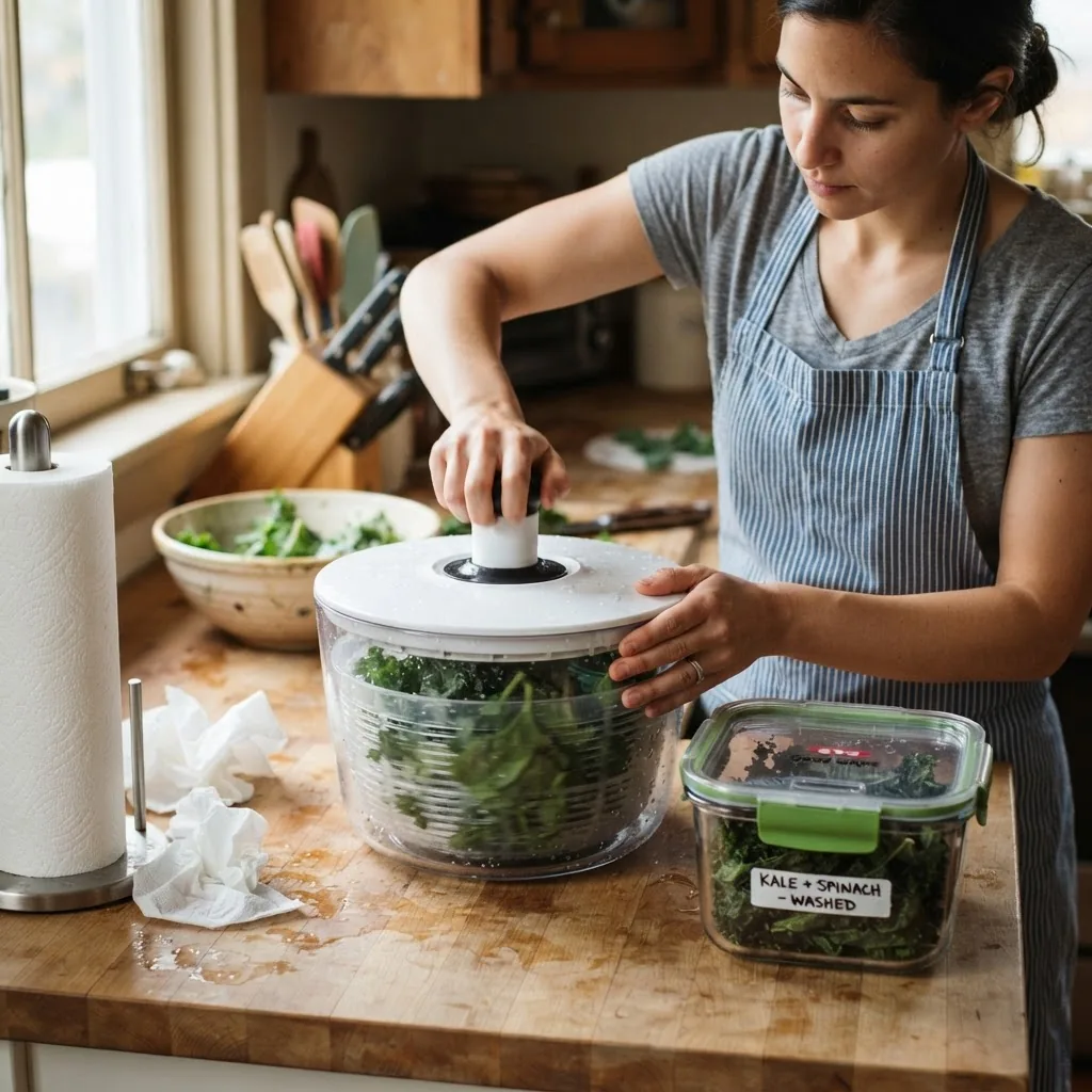 a person using a salad spinner to dry kale and spinach, with a clear labeled airtight container and paper towels on a kitchen counter