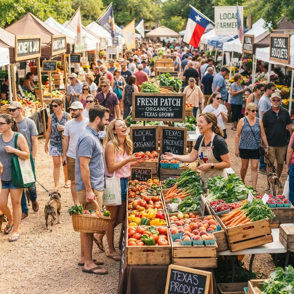 n energetic farmer’s market scene in Texas with happy shoppers browsing colorful organic produce stalls, wooden crates filled with fresh