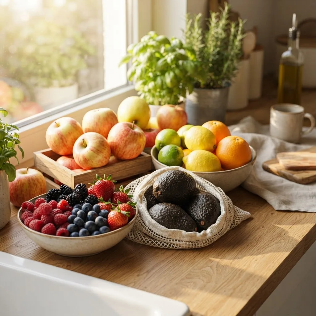 close-up, brightly lit kitchen countertop scene with a variety of fresh organic fruits including berries, avocados, citrus, and apples
