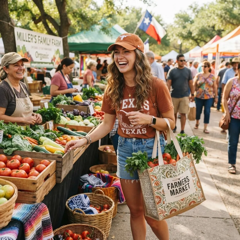 A cheerful young college student shopping at a Texas local farmer’s market, carrying a reusable bag filled with fresh produce, sunny