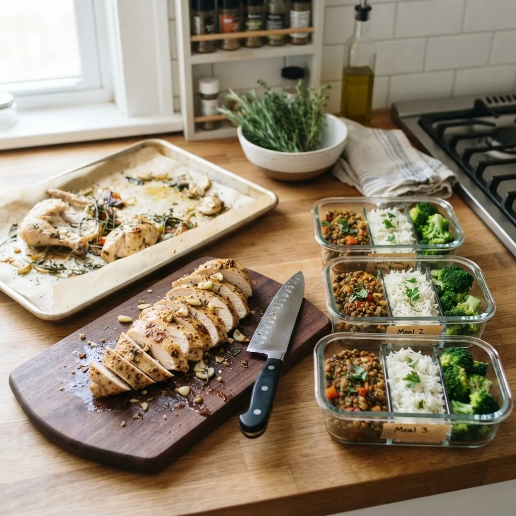 a sheet pan with roasted chicken breasts sliced on a cutting board next to labeled meal prep containers containing lentil stew, rice, and