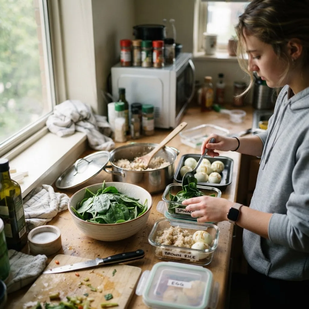 a small dorm kitchen counter mid-prep showing bowls of washed spinach, a pot of brown rice, a tray of hard-boiled eggs, and labeled