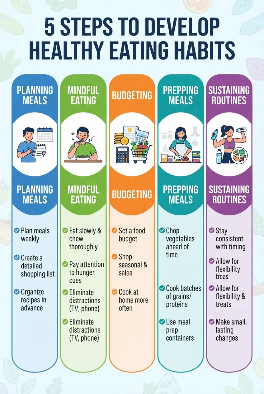 An infographic with 5 vertical sections illustrating steps to develop healthy eating habits: planning meals, mindful eating, budgeting,