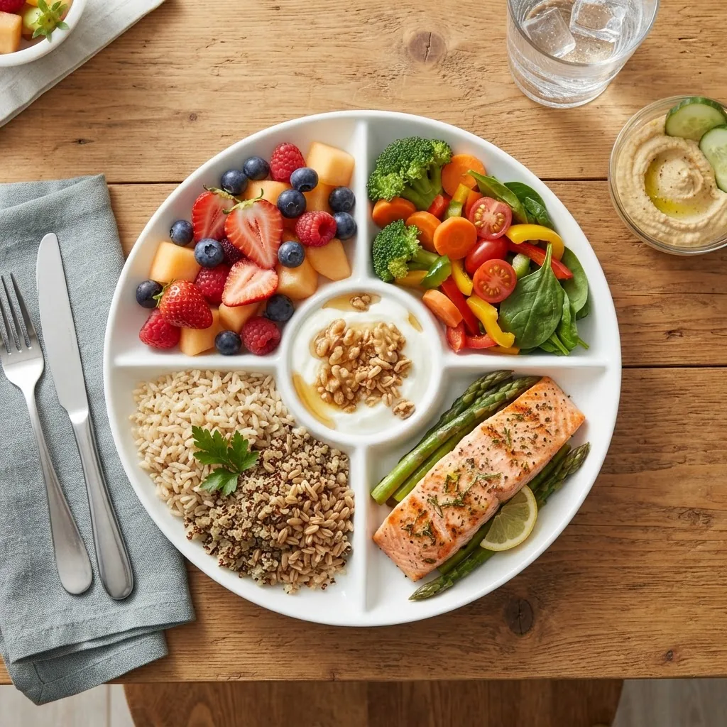 colorful and clear overhead view of a balanced plate divided into food groups with realistic fruits, vegetables, grains, proteins, and