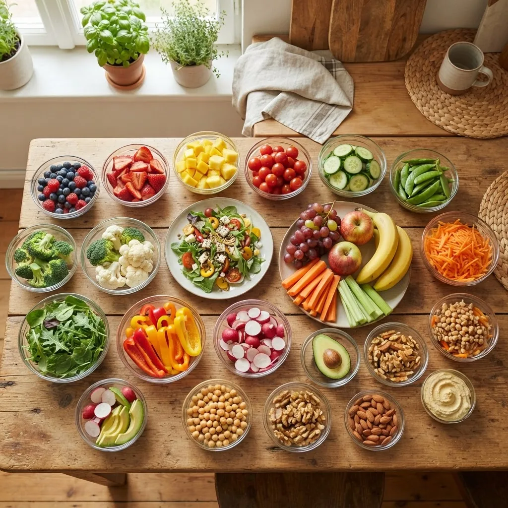 vibrant, well-lit kitchen table scene showing diverse fresh fruits and vegetables arranged in clear portion-sized bowls and plates, natural