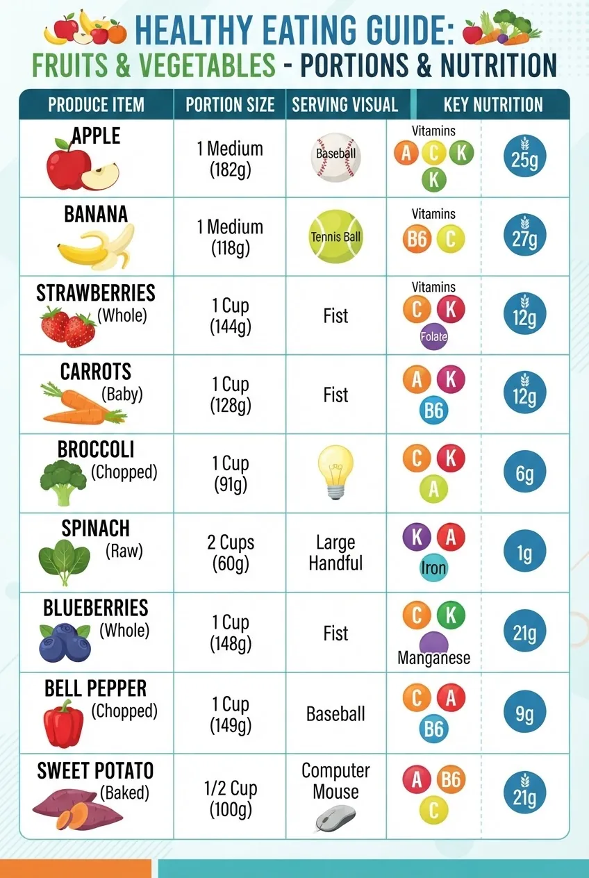 A comprehensive infographic presenting a table of fruits and vegetables, each with corresponding portion sizes in cups/grams, equivalent