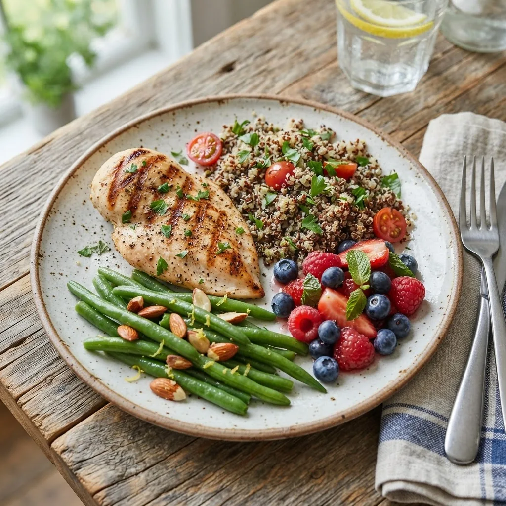 Close-up, vibrant image of a heart-healthy meal plate featuring grilled lean chicken breast, steamed green beans, quinoa, and a fresh mixed