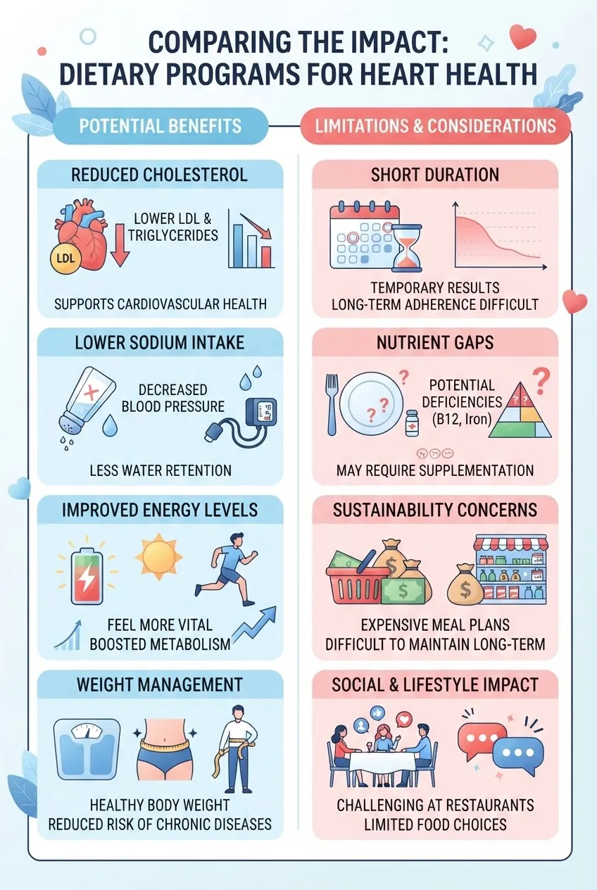 Infographic structured as a two-column comparison: left side illustrating benefits (e.g., reduced cholesterol, lower sodium intake,